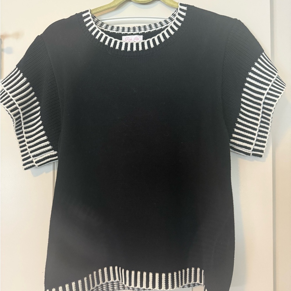 Pink Lily Black and White Contrast Trim Tee